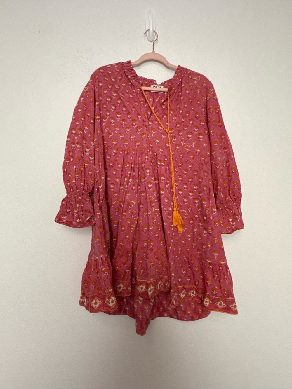 SLV Floral Print Boho Tunic Mini Dress Pink Orange Tassel Tie Resort Cottage